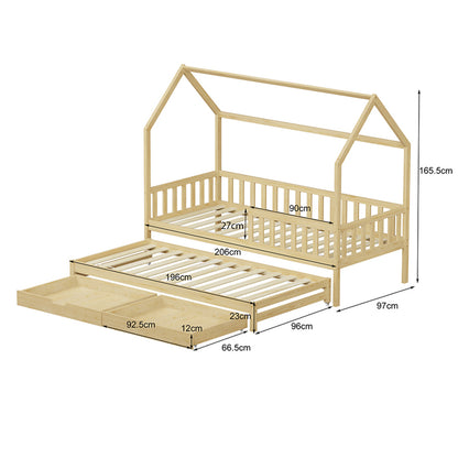 Kid's Bed With Retractable Second Bed & Drawers Phyllis Hm723.01 Pine Wood In Natural 206x97x166hcm.