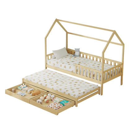 Kid's Bed With Retractable Second Bed & Drawers Phyllis Hm723.01 Pine Wood In Natural 206x97x166hcm.