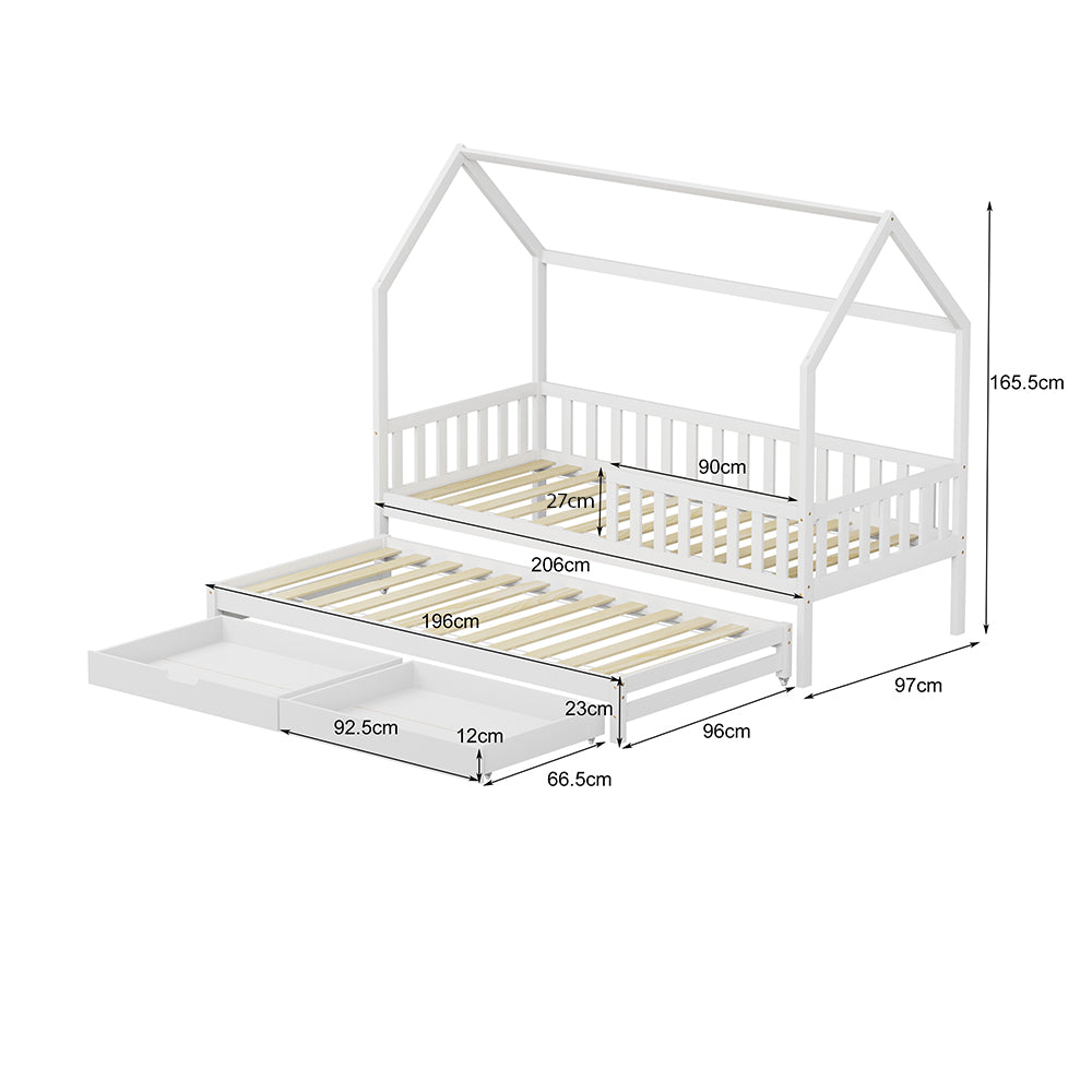 Kid's Bed With Retractable Second Bed & Drawers Phyllis Hm723.03 Pine Wood In White 206x97x166hcm.