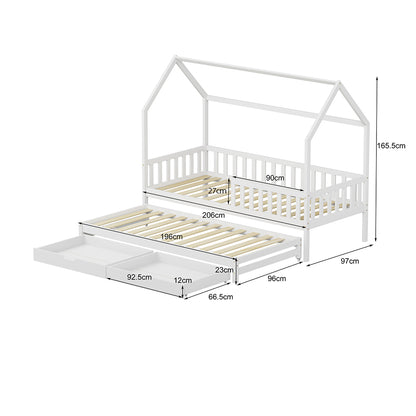 Kid's Bed With Retractable Second Bed & Drawers Phyllis Hm723.03 Pine Wood In White 206x97x166hcm.