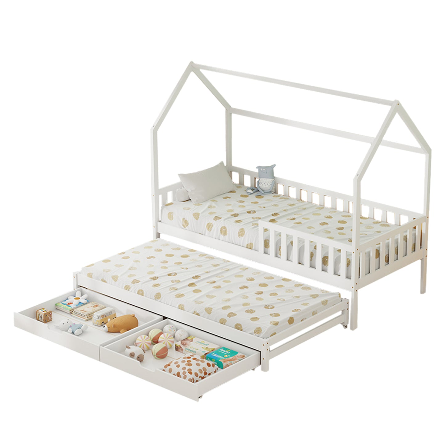 Kid's Bed With Retractable Second Bed & Drawers Phyllis Hm723.03 Pine Wood In White 206x97x166hcm.