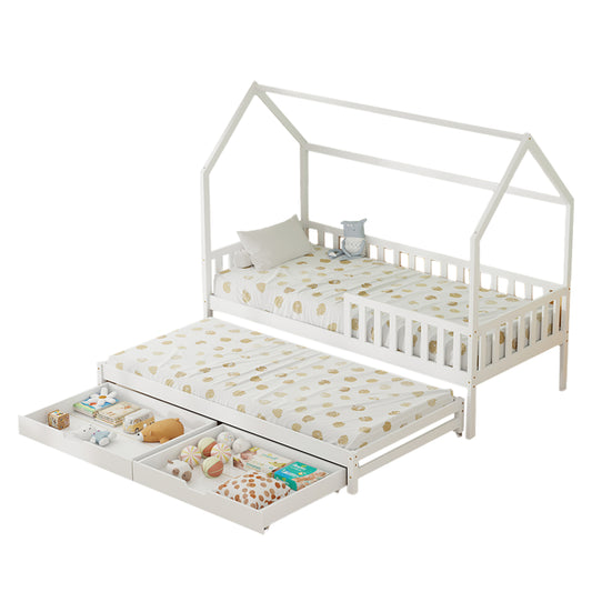 Kid's Bed With Retractable Second Bed & Drawers Phyllis Hm723.03 Pine Wood In White 206x97x166hcm.