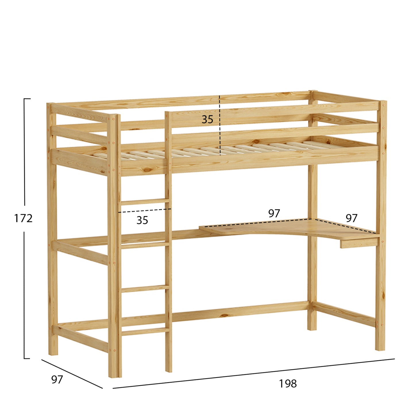 Kid's Bunk Bed With Desk Akron Hm702.01 Pine Wood In Natural For Mattress 90x190cm.