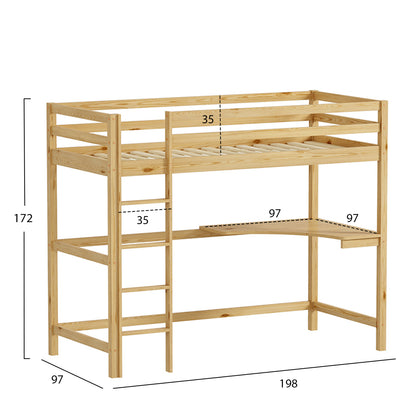 Kid's Bunk Bed With Desk Akron Hm702.01 Pine Wood In Natural For Mattress 90x190cm.