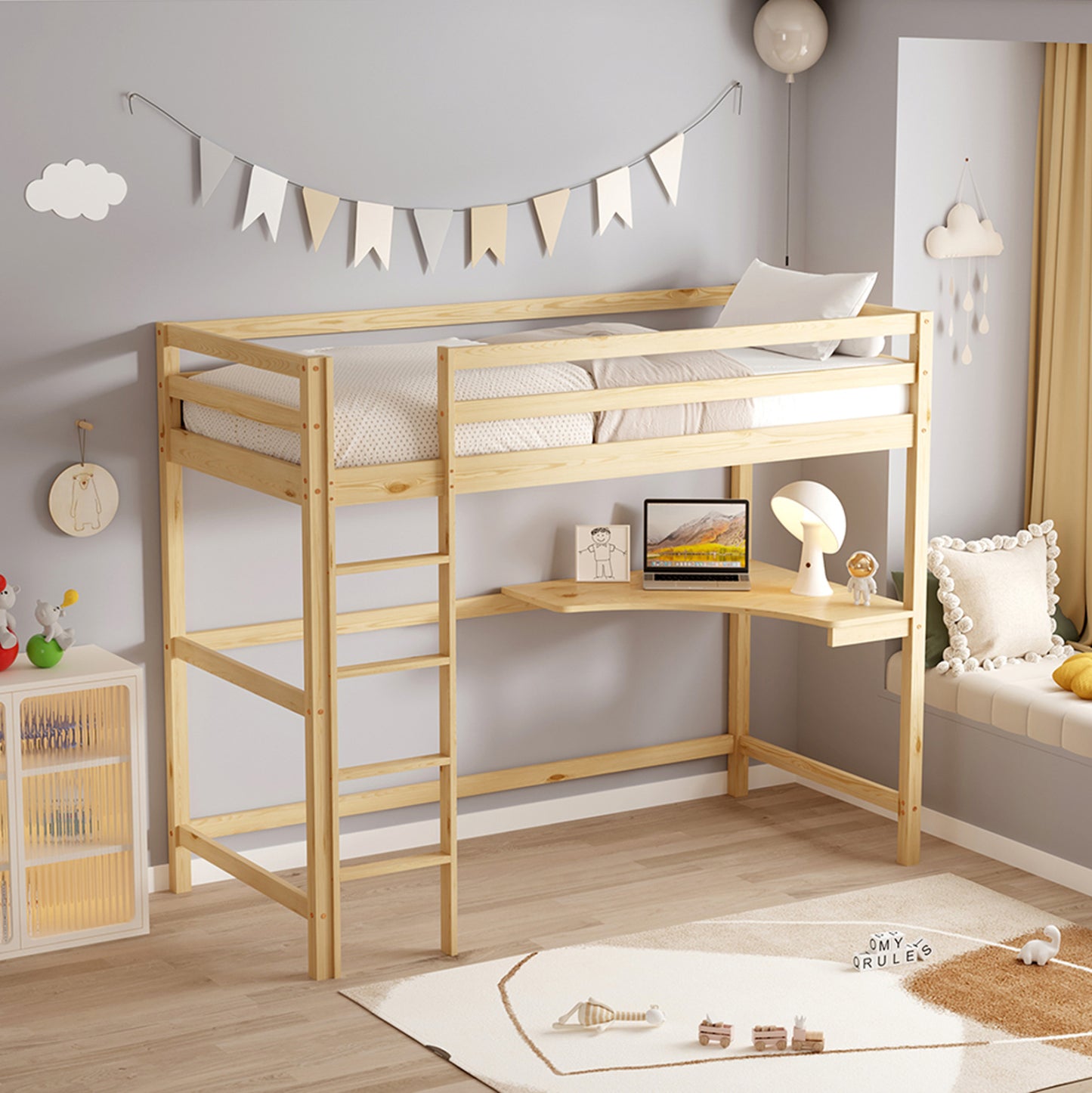 Kid's Bunk Bed With Desk Akron Hm702.01 Pine Wood In Natural For Mattress 90x190cm.