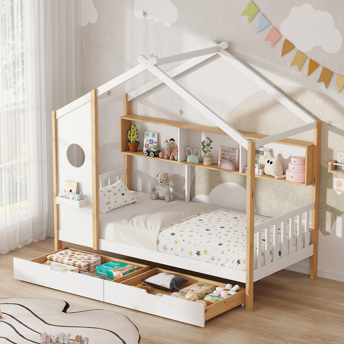 Children's Bed With Shelves & Drawers Gambi Hm753.03 Pine Wood--natural/white 196x97x176hcm