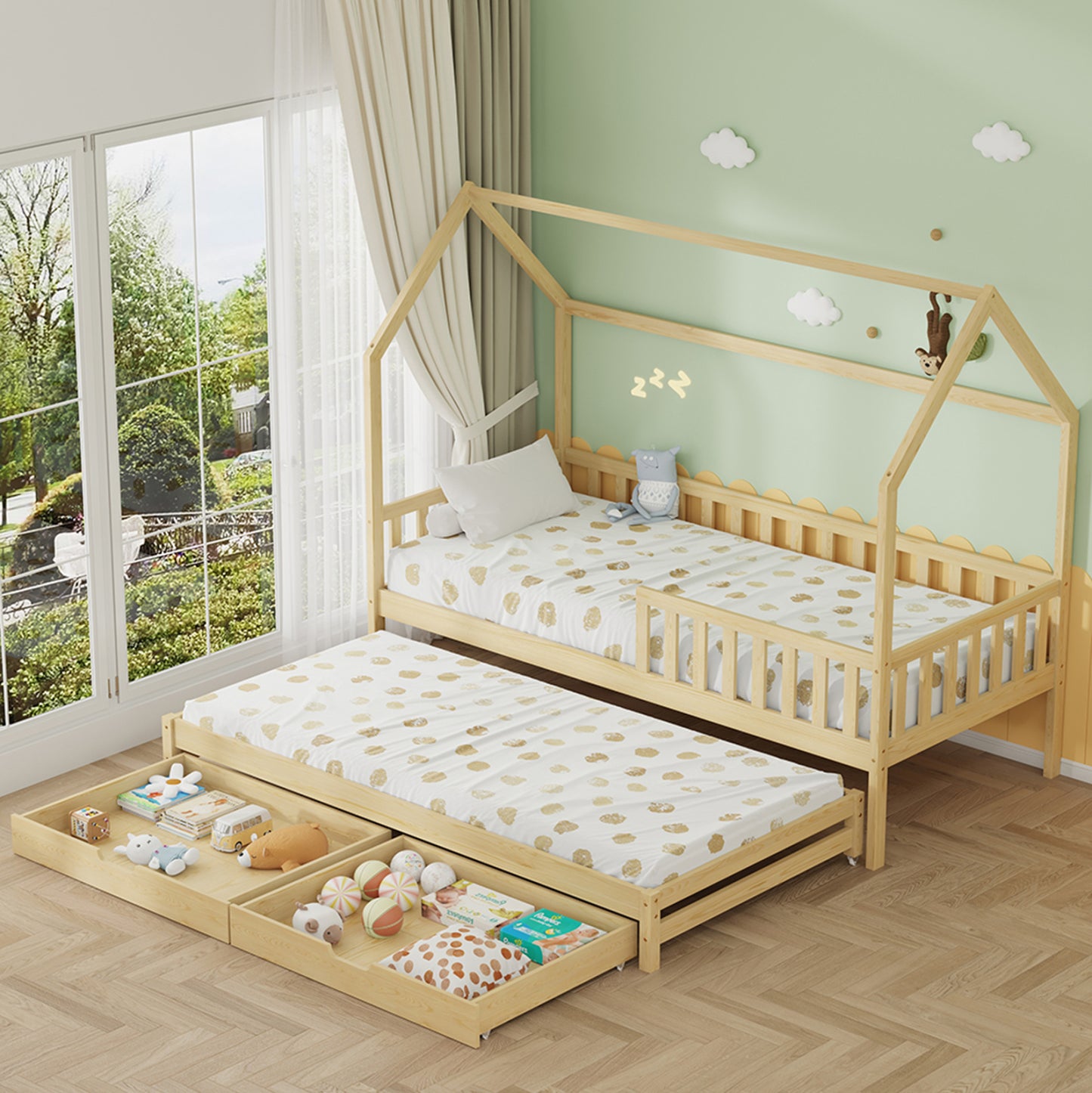 Kids' Bed With Mattresses & Drawers Phyllis Hm21323.01 Pine Wood In Natural 206x97x166hcm.