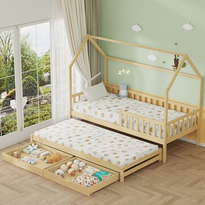Kids' Bed With Mattresses & Drawers Phyllis Hm21323.01 Pine Wood In Natural 206x97x166hcm.