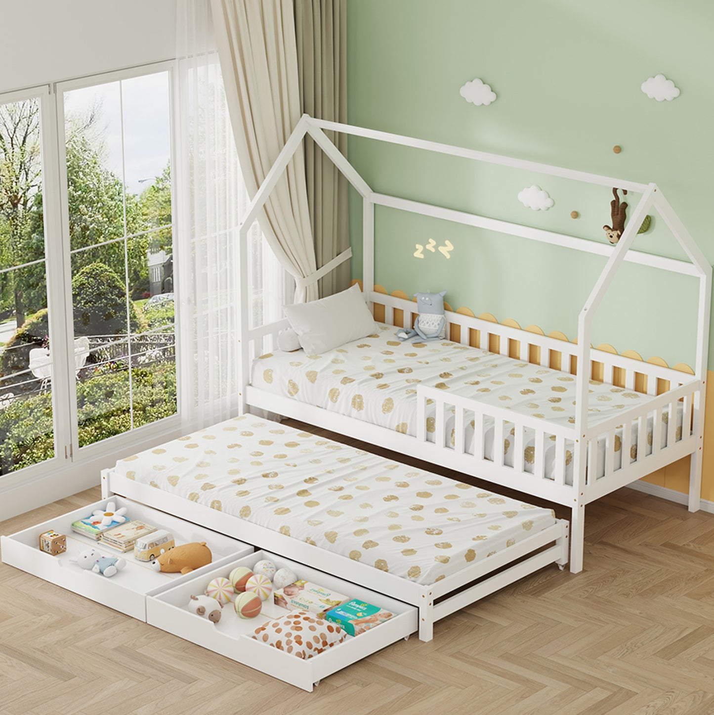 Kids' Bed With Mattresses & Drawers Phyllis Hm21323.03 Pine Wood In White 206x97x166hcm.