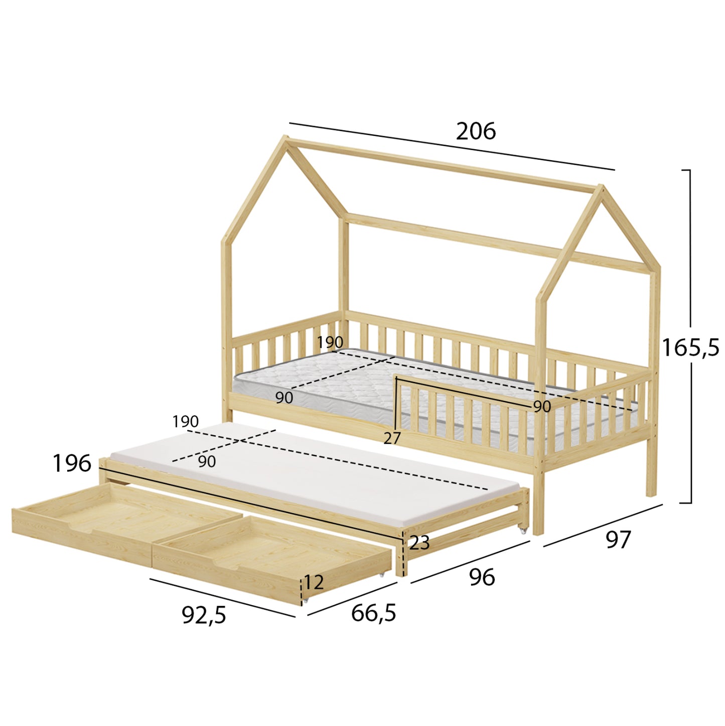 Kids' Bed With Mattresses & Drawers Phyllis Hm21323.01 Pine Wood In Natural 206x97x166hcm.
