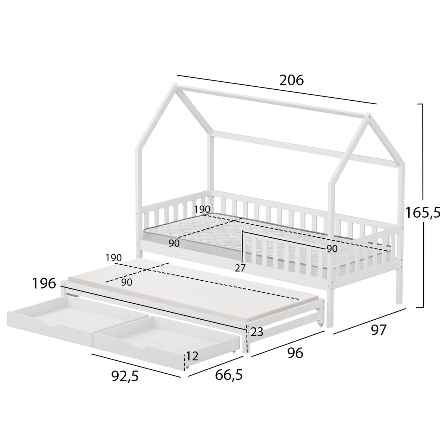 Kids' Bed With Mattresses & Drawers Phyllis Hm21323.03 Pine Wood In White 206x97x166hcm.