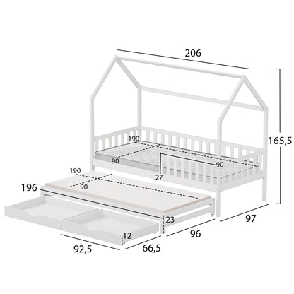 Kids' Bed With Mattresses & Drawers Phyllis Hm21323.03 Pine Wood In White 206x97x166hcm.
