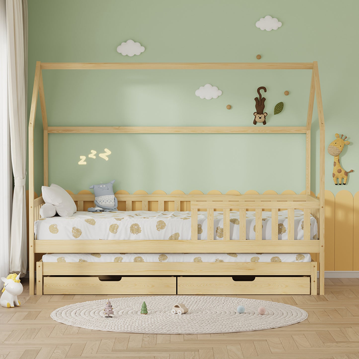 Kids' Bed With Mattresses & Drawers Phyllis Hm21323.01 Pine Wood In Natural 206x97x166hcm.