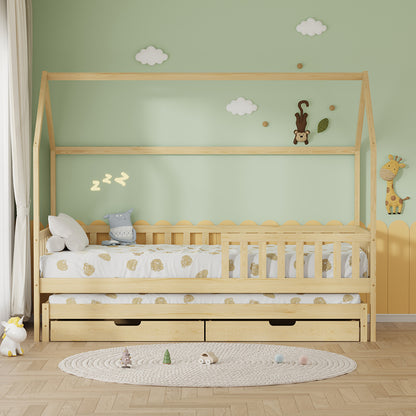 Kids' Bed With Mattresses & Drawers Phyllis Hm21323.01 Pine Wood In Natural 206x97x166hcm.