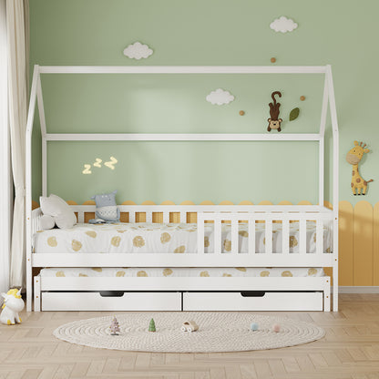 Kids' Bed With Mattresses & Drawers Phyllis Hm21323.03 Pine Wood In White 206x97x166hcm.