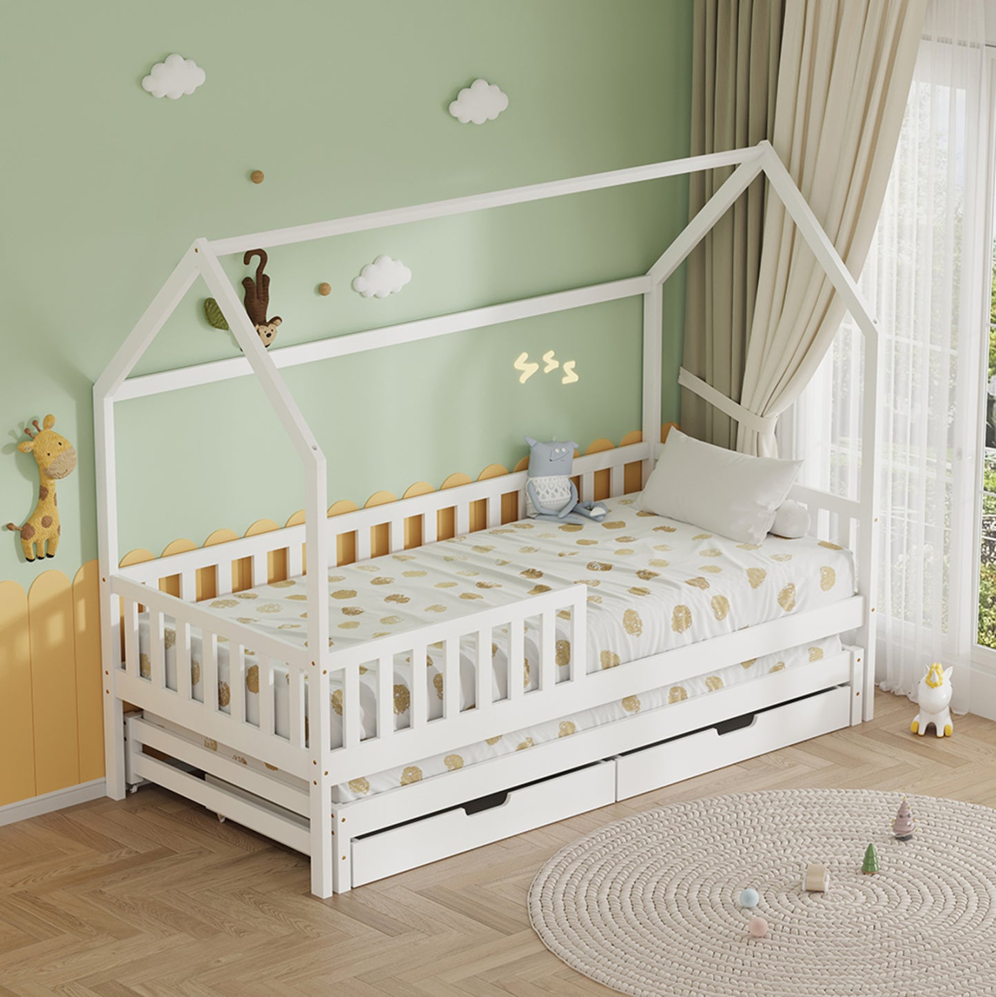 Kids' Bed With Mattresses & Drawers Phyllis Hm21323.03 Pine Wood In White 206x97x166hcm.