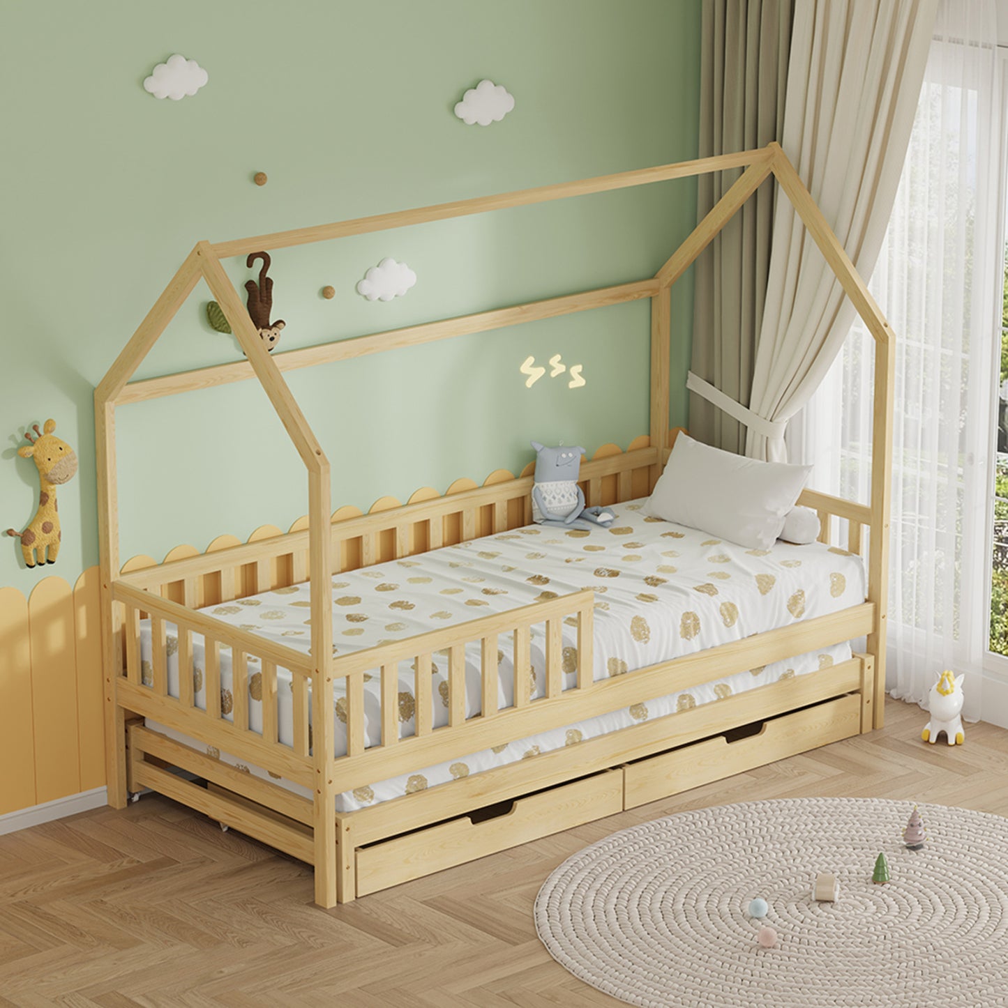 Kids' Bed With Mattresses & Drawers Phyllis Hm21323.01 Pine Wood In Natural 206x97x166hcm.