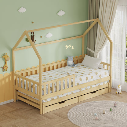 Kids' Bed With Mattresses & Drawers Phyllis Hm21323.01 Pine Wood In Natural 206x97x166hcm.