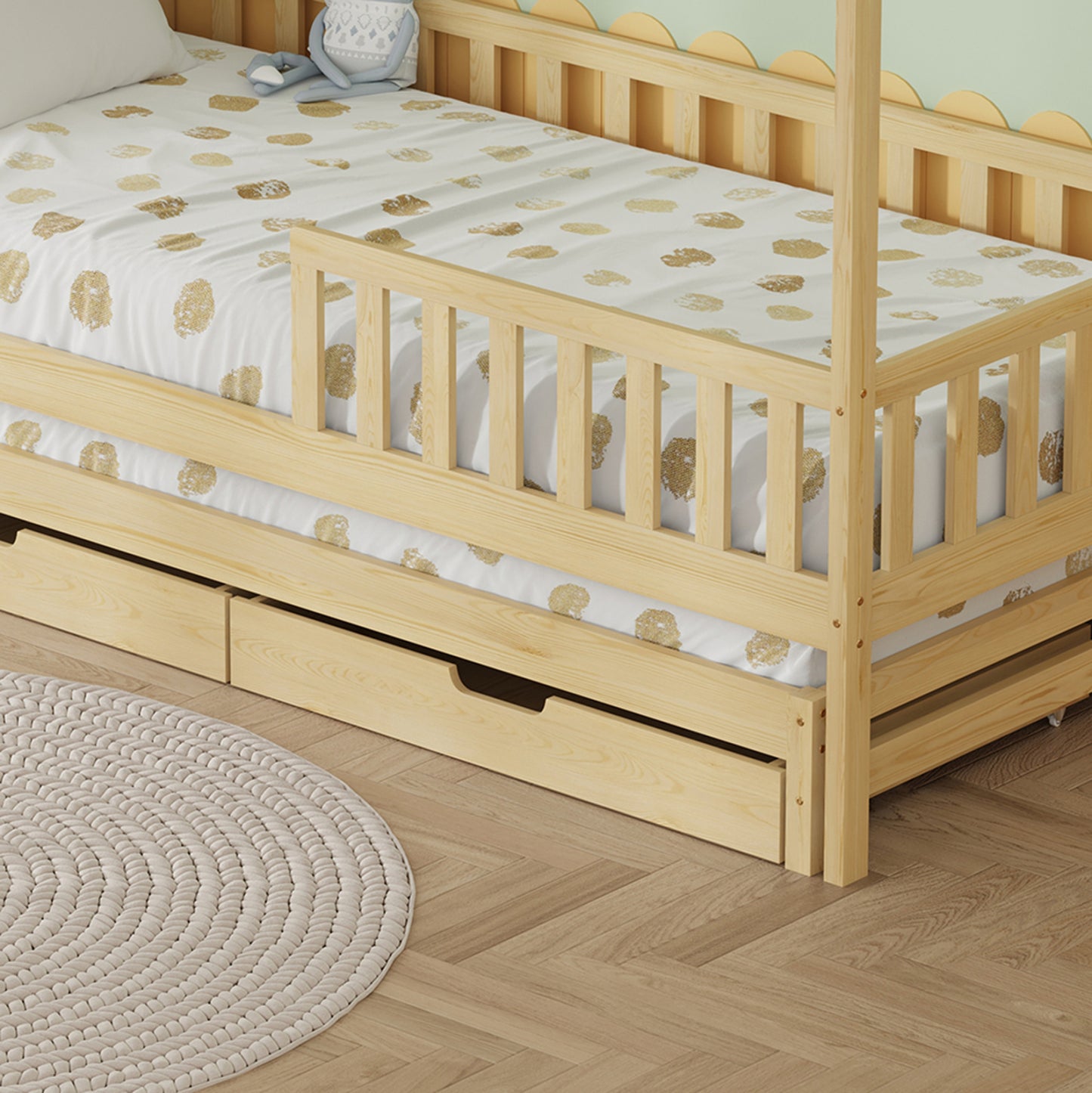 Kids' Bed With Mattresses & Drawers Phyllis Hm21323.01 Pine Wood In Natural 206x97x166hcm.