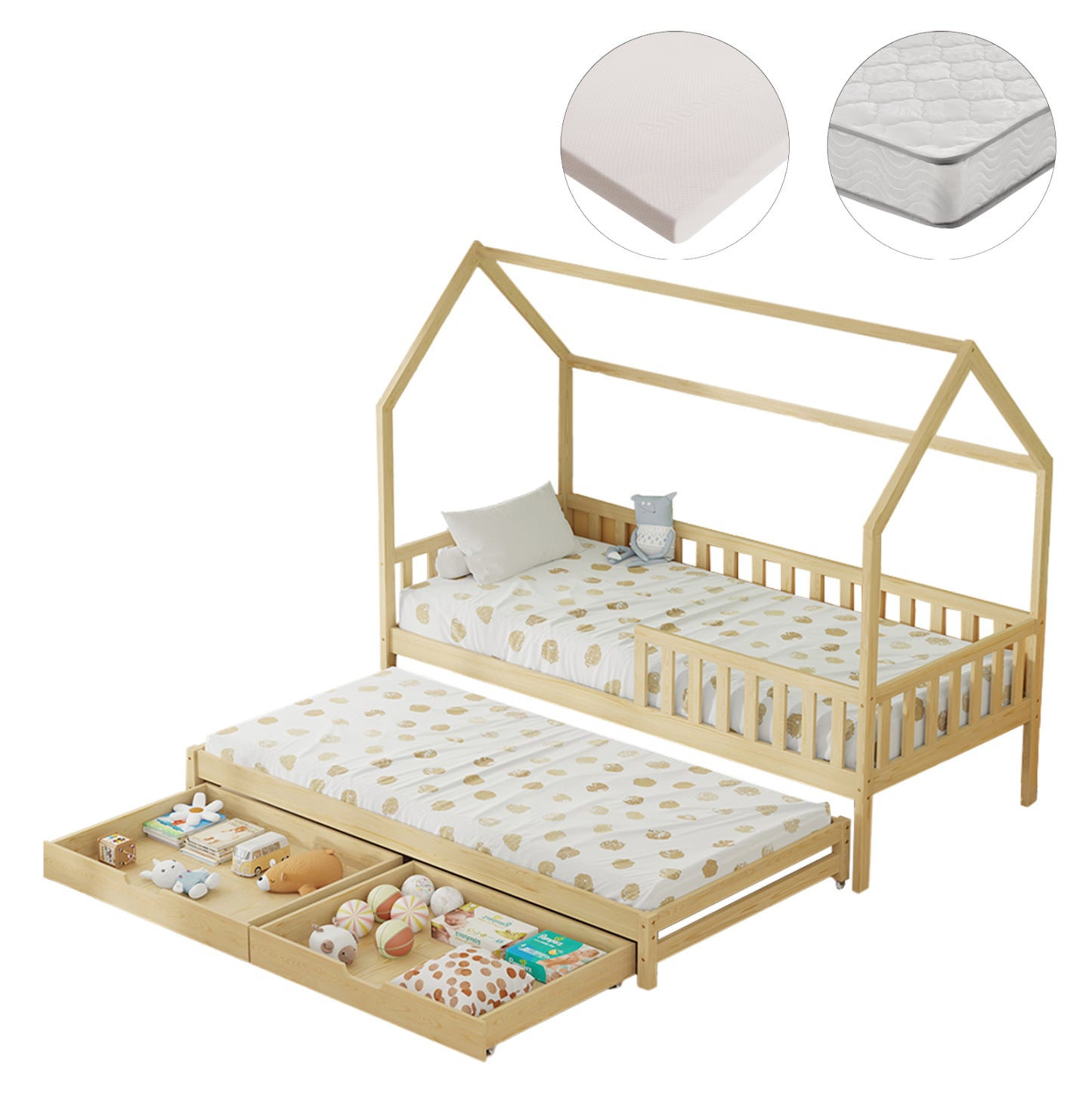 Kids' Bed With Mattresses & Drawers Phyllis Hm21323.01 Pine Wood In Natural 206x97x166hcm.
