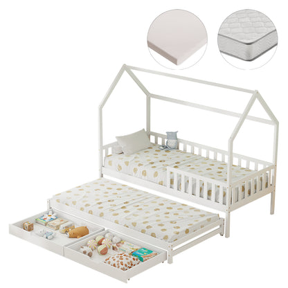 Kids' Bed With Mattresses & Drawers Phyllis Hm21323.03 Pine Wood In White 206x97x166hcm.