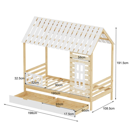 Children's Bed With Drawers Rooftop Hm754.03 Pine Wood-natural/white 197x97x192hcm