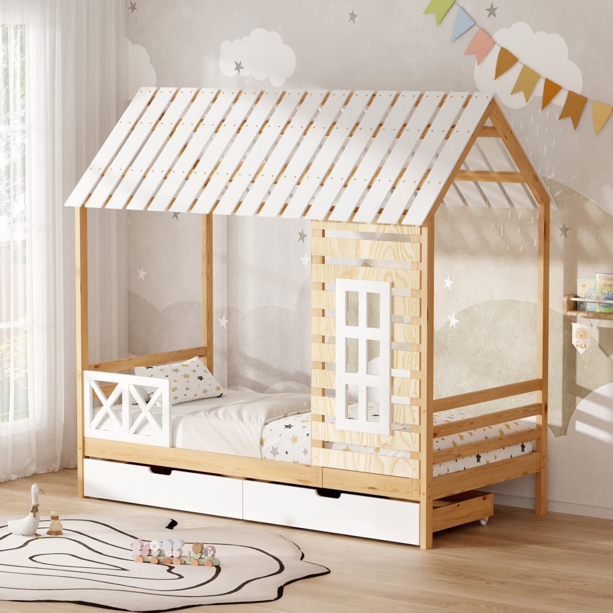 Children's Bed With Drawers Rooftop Hm754.03 Pine Wood-natural/white 197x97x192hcm