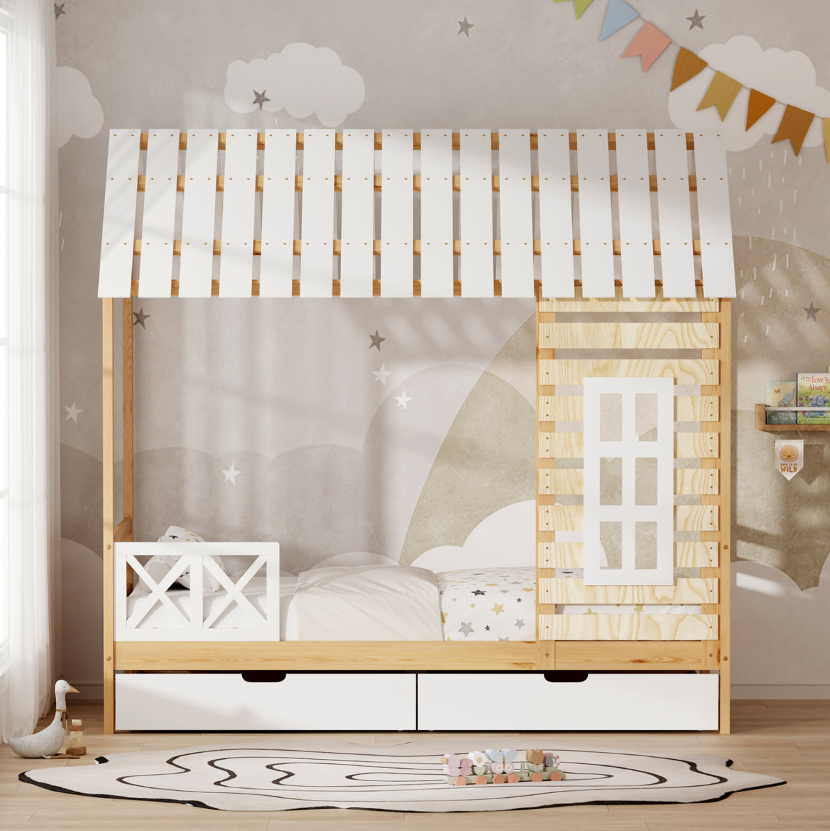 Children's Bed With Drawers Rooftop Hm754.03 Pine Wood-natural/white 197x97x192hcm