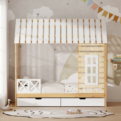 Children's Bed With Drawers Rooftop Hm754.03 Pine Wood-natural/white 197x97x192hcm
