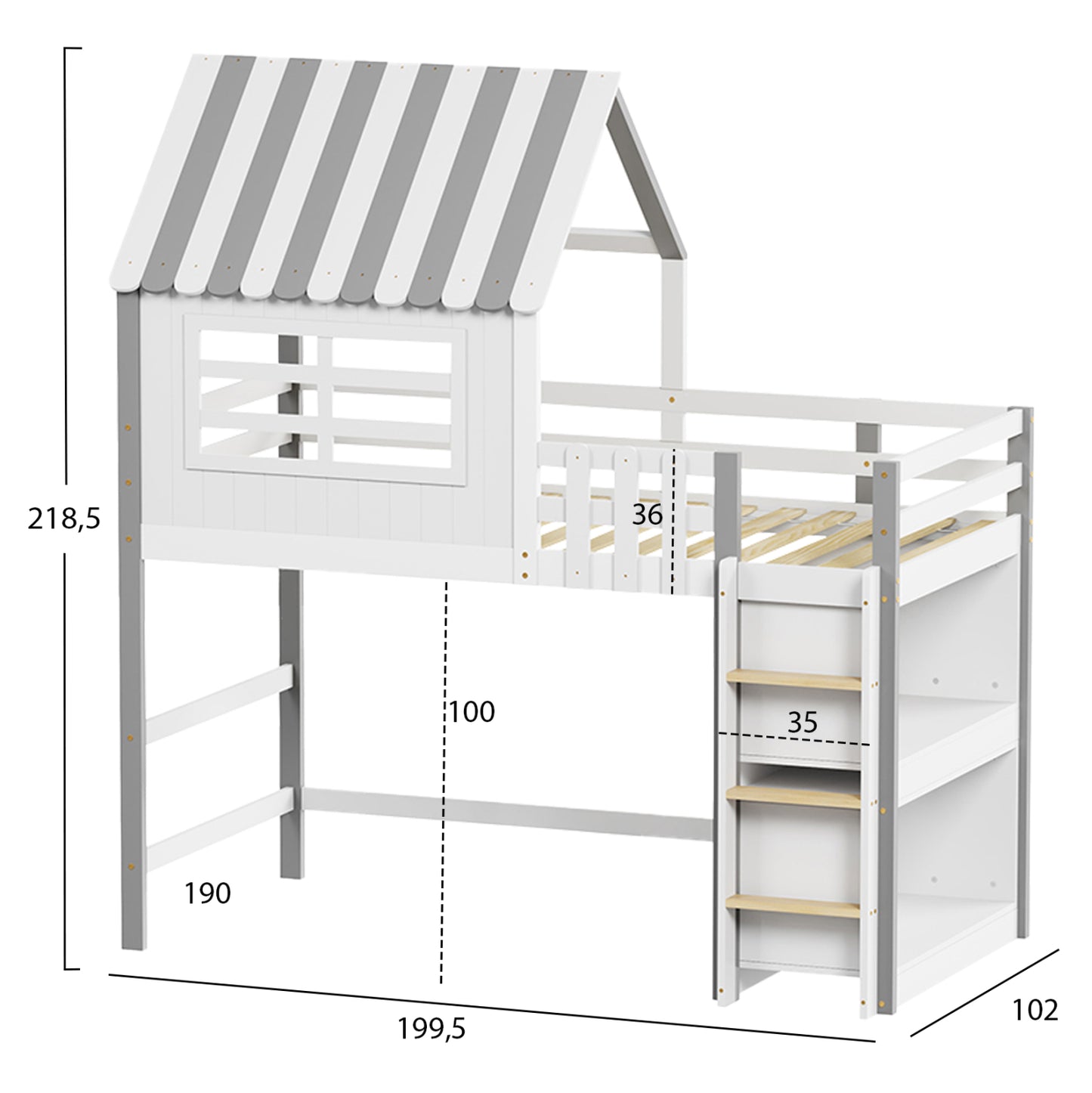 Kid's Bed T.montessori With Shelves Homi Hm712 Pine Wood In White-grey For Mattrerss 90x190cm.