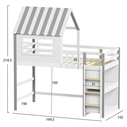 Kid's Bed T.montessori With Shelves Homi Hm712 Pine Wood In White-grey For Mattrerss 90x190cm.