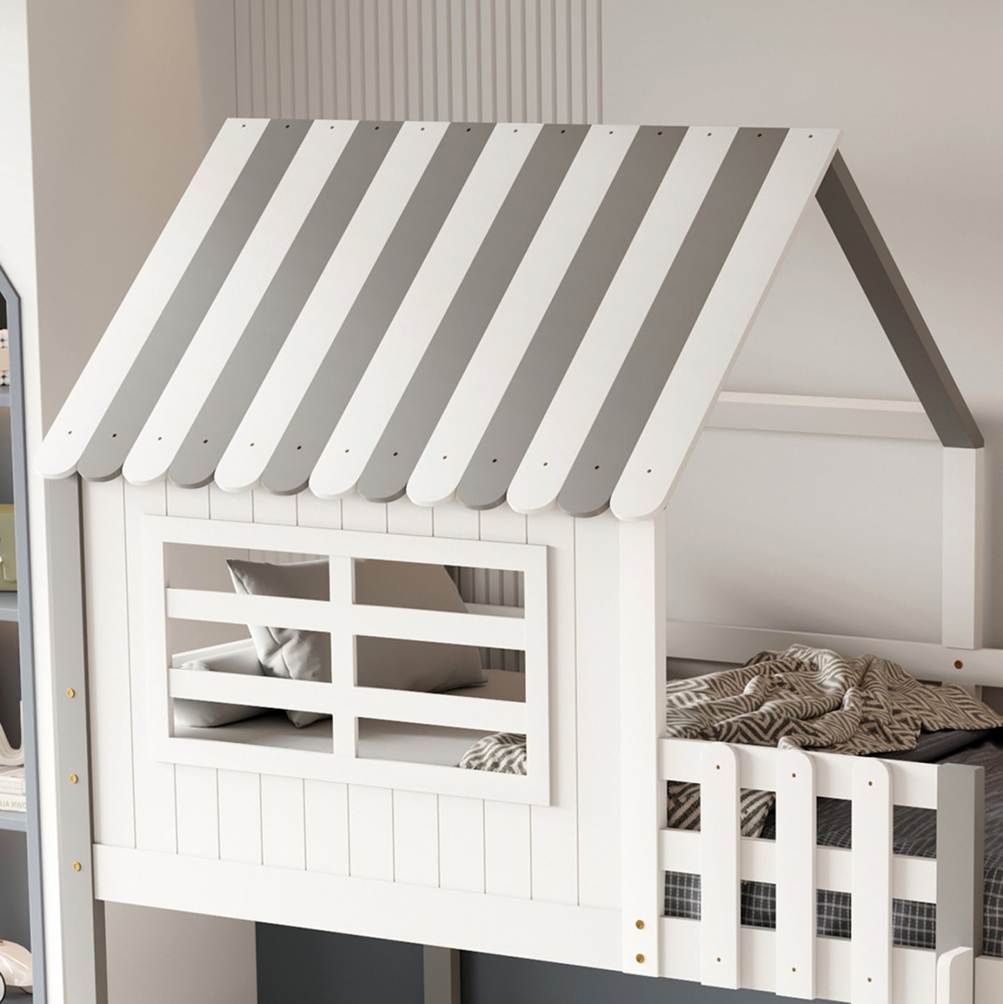 Kid's Bed T.montessori With Shelves Homi Hm712 Pine Wood In White-grey For Mattrerss 90x190cm.
