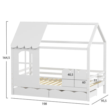 Kid's Bed T.montessori With 2 Drawers Domer Hm710.03 Pine Wood In White-mattress 90x190cm.