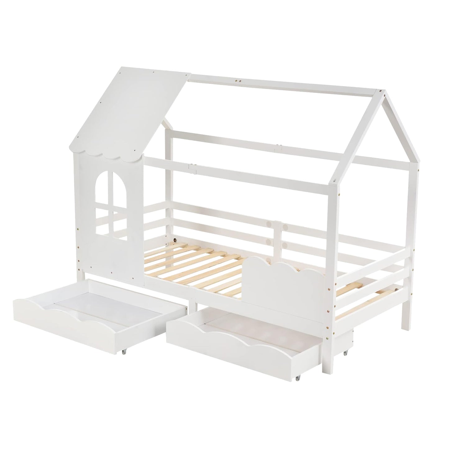 Kid's Bed T.montessori With 2 Drawers Domer Hm710.03 Pine Wood In White-mattress 90x190cm.