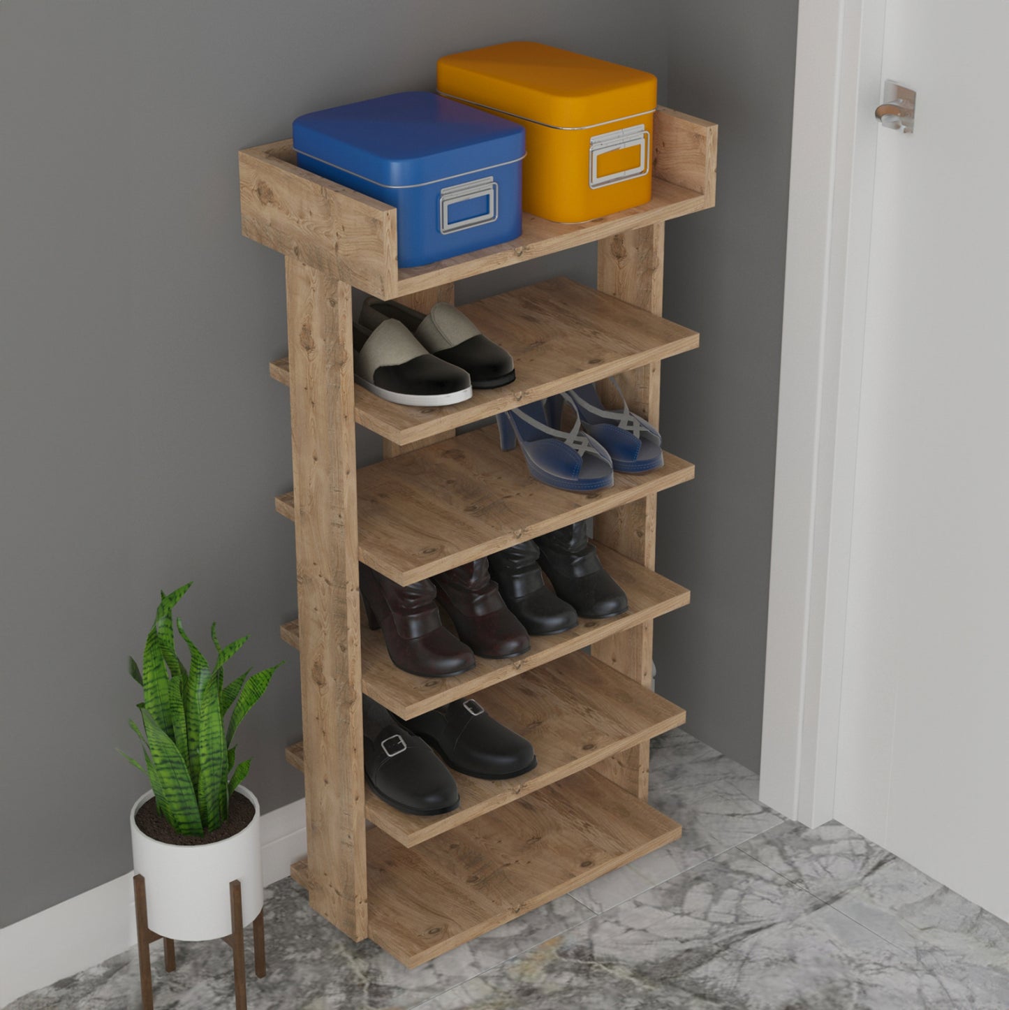 Shoe Rack Ribber Hm18191.04 Melamine In Natural Wood Color 73x30x142hcm.