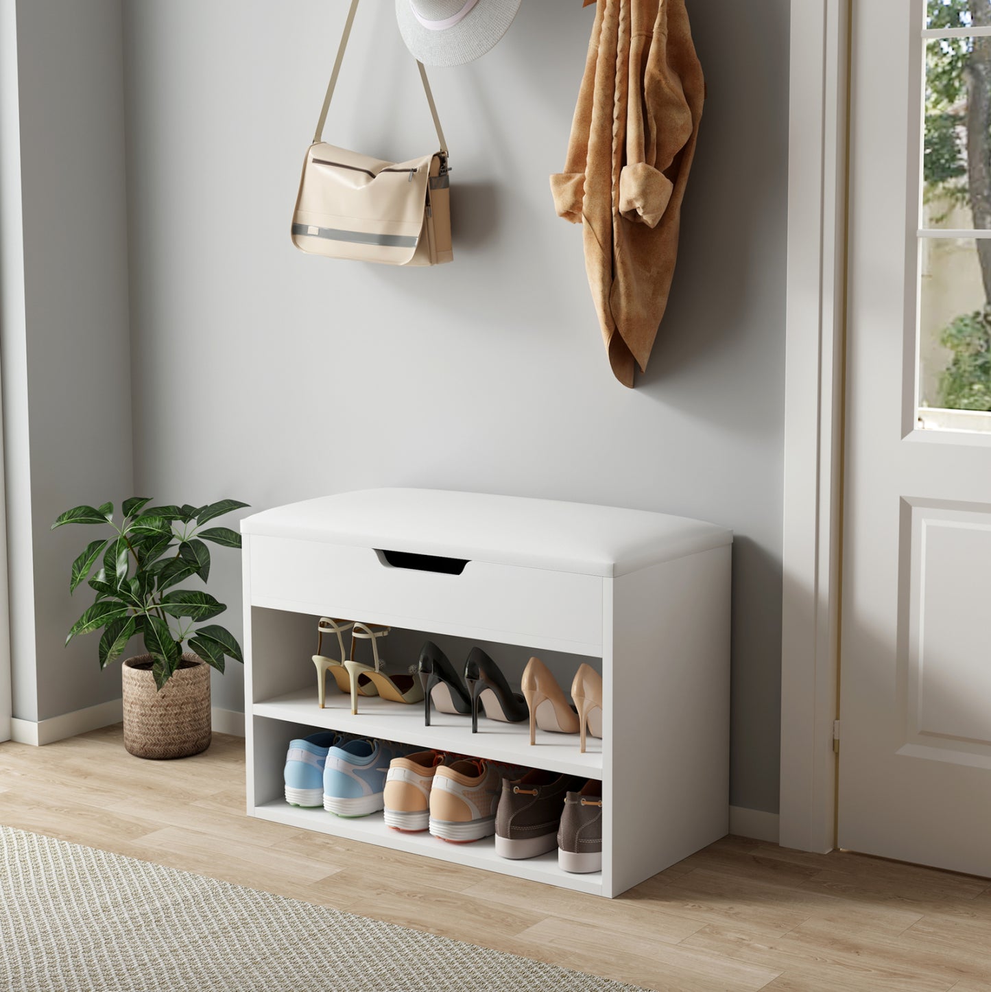 Shoe Rack With Seat Romir Hm2477.03 Melamine In White-white Pu Seat 60x30x44hcm.