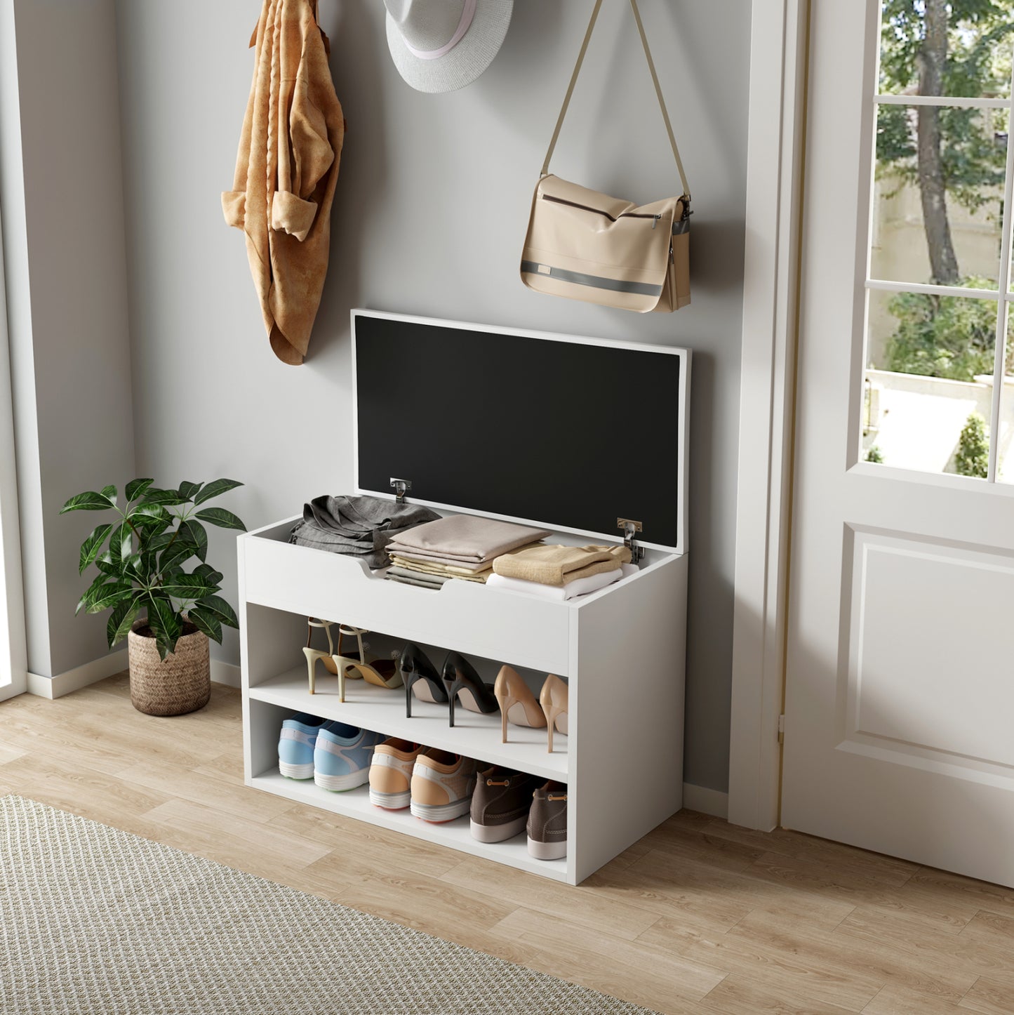 Shoe Rack With Seat Romir Hm2477.03 Melamine In White-white Pu Seat 60x30x44hcm.