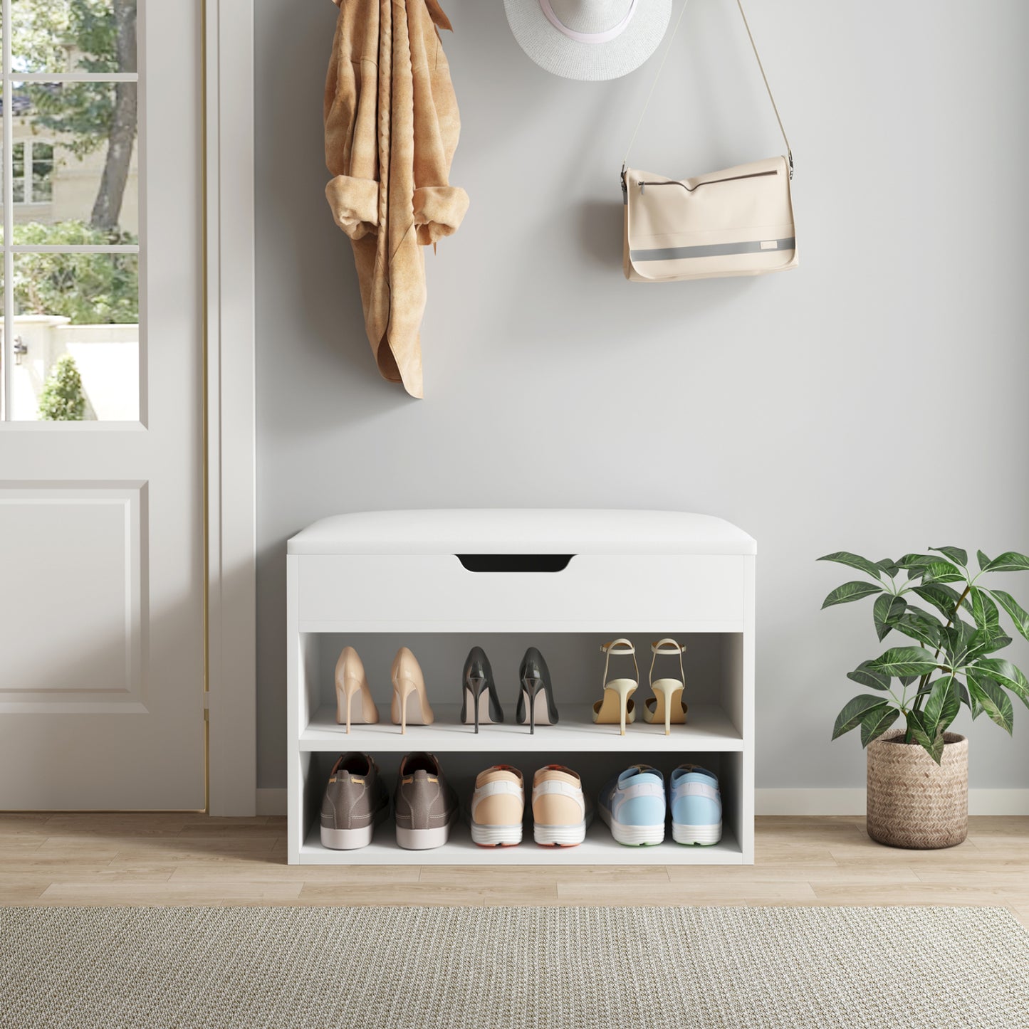 Shoe Rack With Seat Romir Hm2477.03 Melamine In White-white Pu Seat 60x30x44hcm.