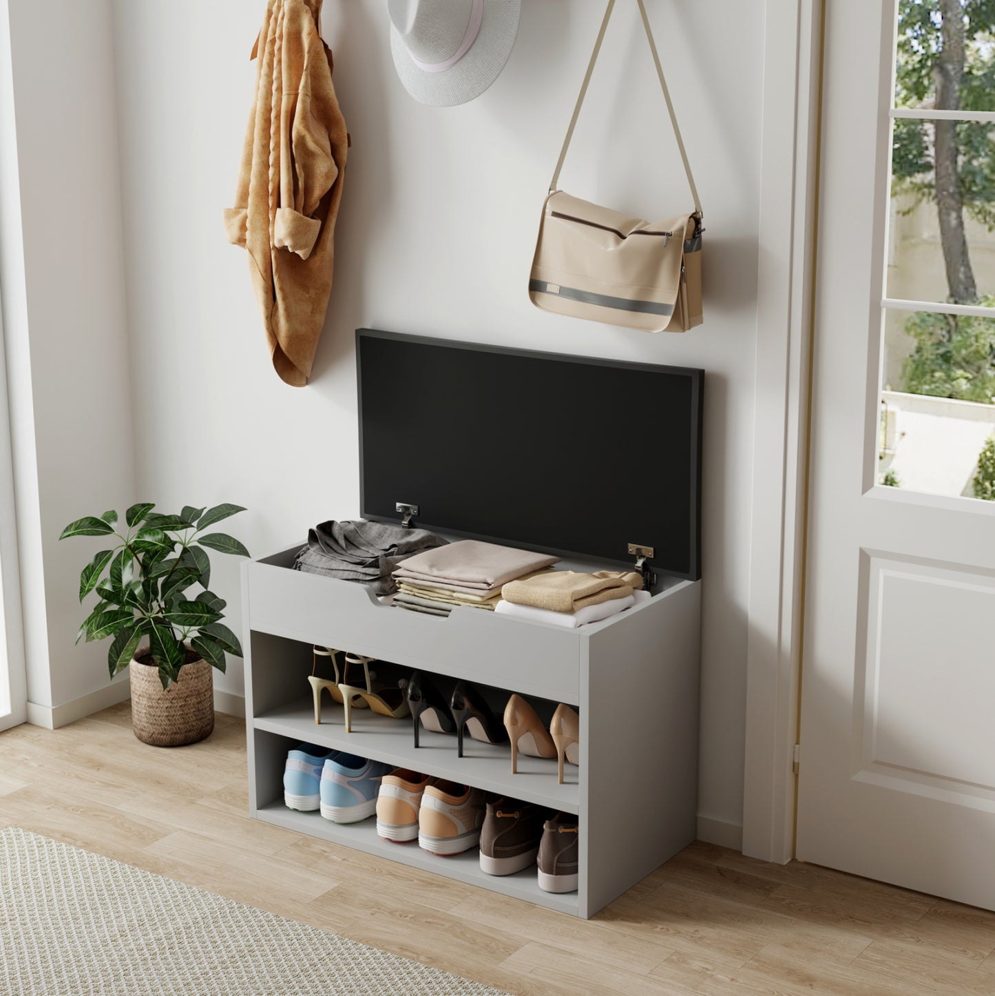 Shoe Rack With Seat Romir Hm2477.05 Melamine Grey-anthracite Pu Seat 60x30x44hcm.