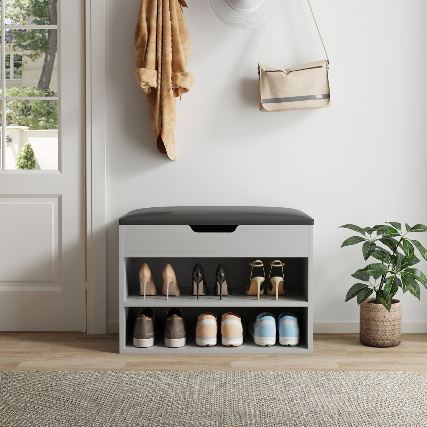 Shoe Rack With Seat Romir Hm2477.05 Melamine Grey-anthracite Pu Seat 60x30x44hcm.