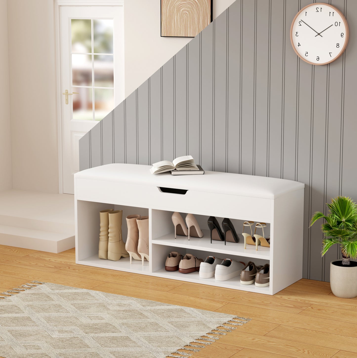 Shoe Rack With Seat Romir Hm2478.03 Melamine In White-white Seat 100x30x44hcm.