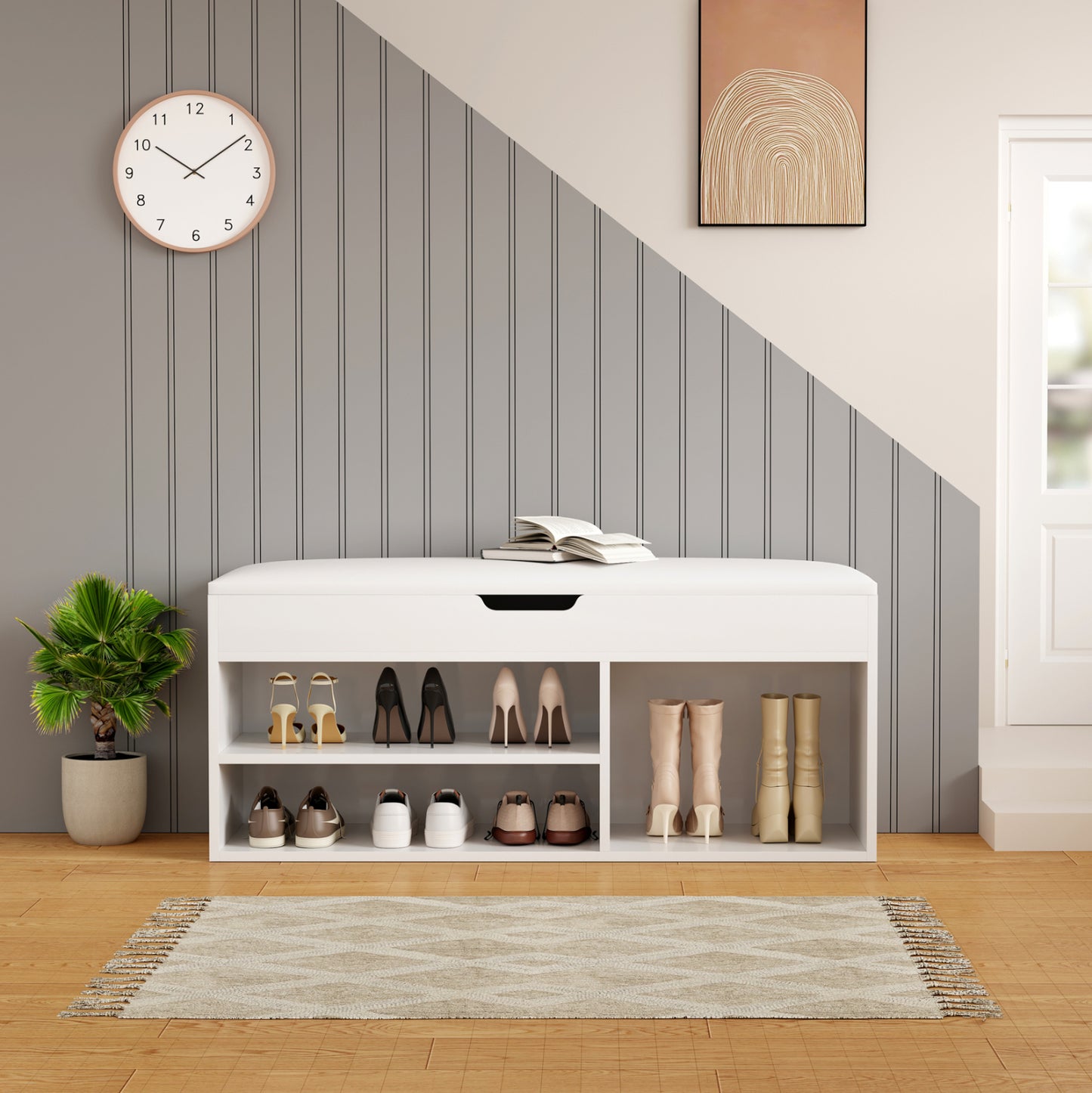 Shoe Rack With Seat Romir Hm2478.03 Melamine In White-white Seat 100x30x44hcm.