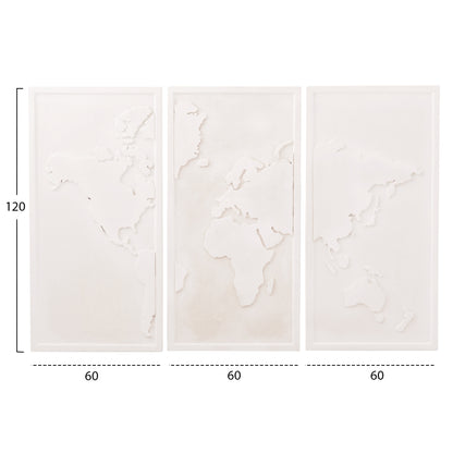 Wall Painting 3-fold World Map Santorini Hm4504 Mdf In Off-white Color 180x4(thickness)x120hcm.