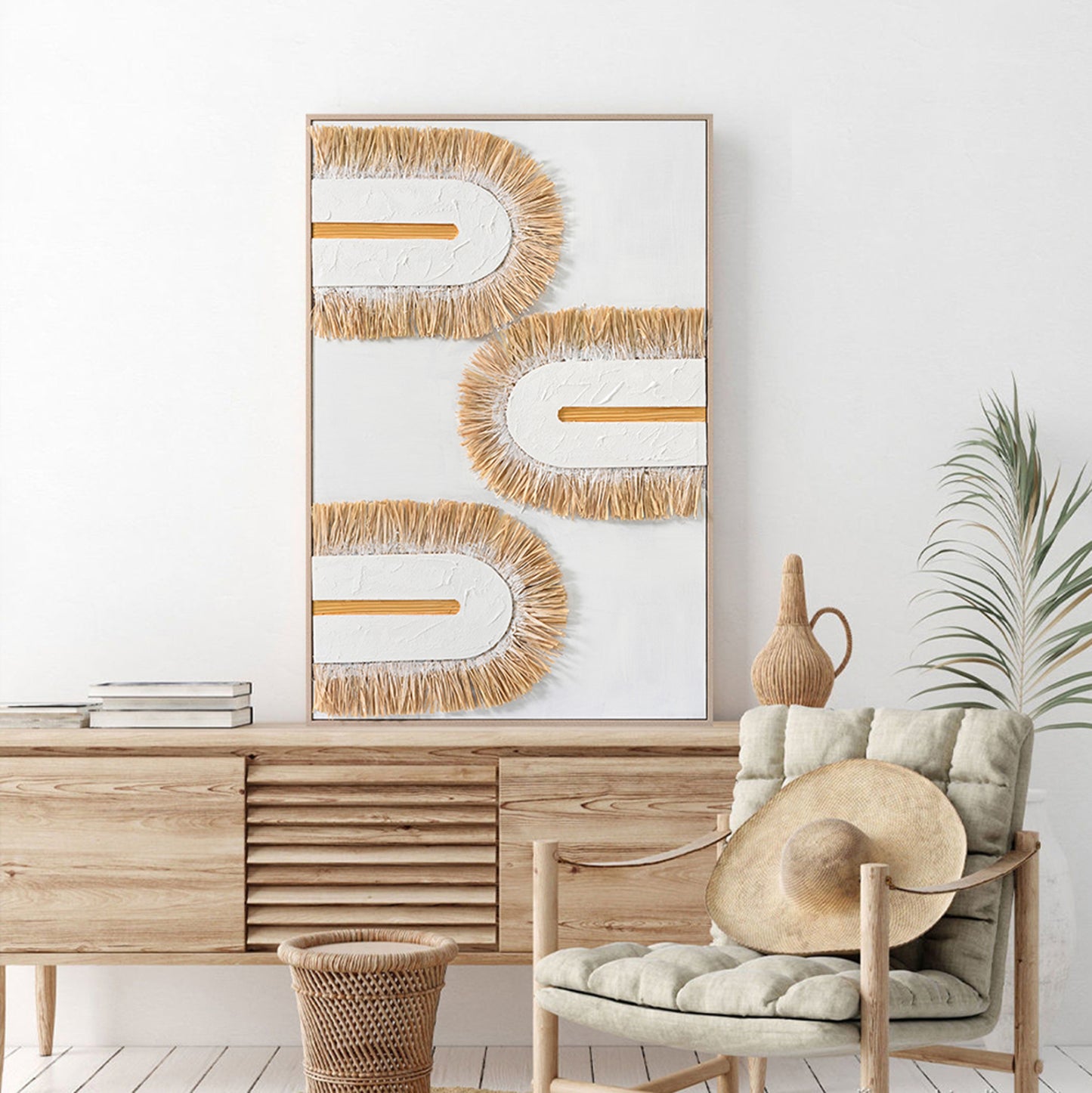 Wall Painting 3d Hm4537.02 With Beige Ps Frame-white Canvas-handmade 80x3,5x120hcm.