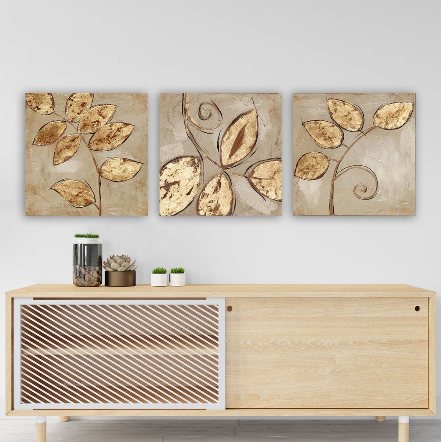 Canvas Painting Triptych Golden Leaves Hm7327 90Χ3Χ30cm.