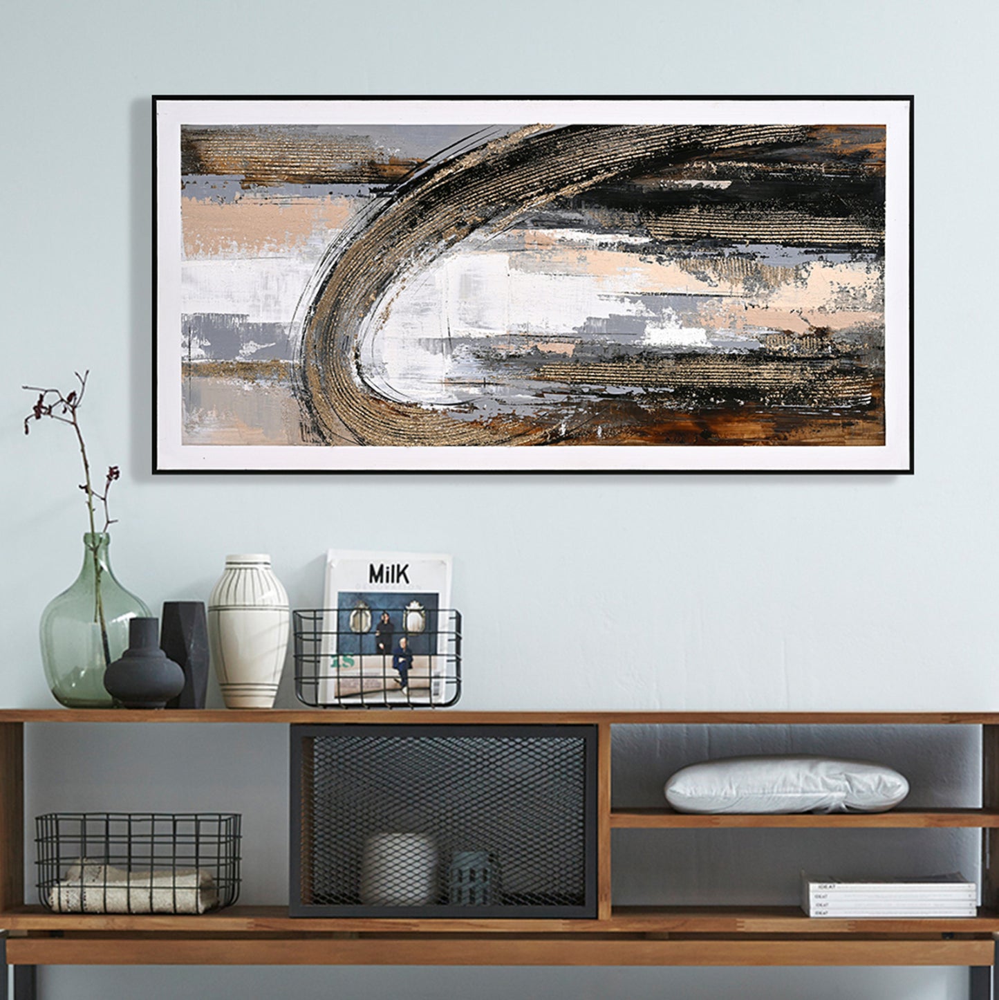 Wall Painting Hm4538 With Black Ps Frame-canvas With Abstract Image 72x4,5x142hcm.