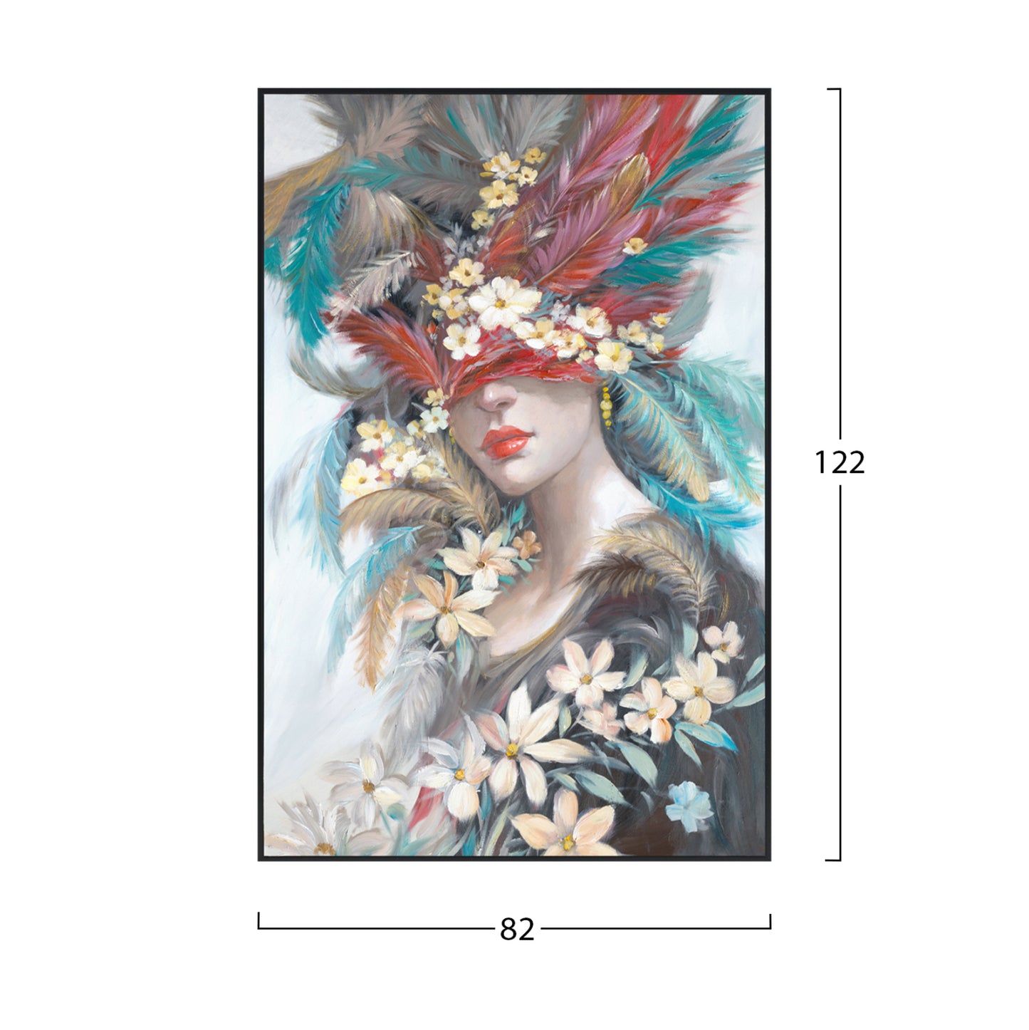 Wall Painting Onnanoko Hm4564 Black Ps Frame-printed Canvas Woman's Face With Feathers 82x4,5x122hcm.