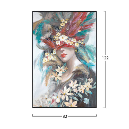 Wall Painting Onnanoko Hm4564 Black Ps Frame-printed Canvas Woman's Face With Feathers 82x4,5x122hcm.