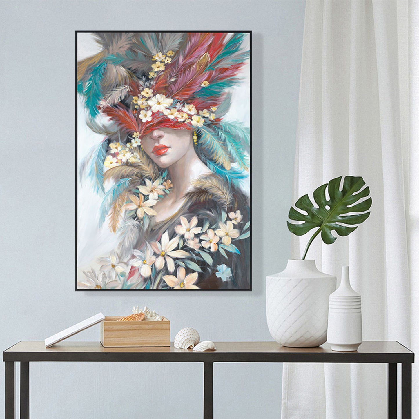 Wall Painting Onnanoko Hm4564 Black Ps Frame-printed Canvas Woman's Face With Feathers 82x4,5x122hcm.