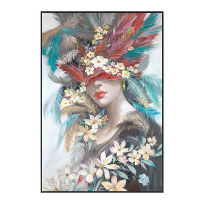 Wall Painting Onnanoko Hm4564 Black Ps Frame-printed Canvas Woman's Face With Feathers 82x4,5x122hcm.